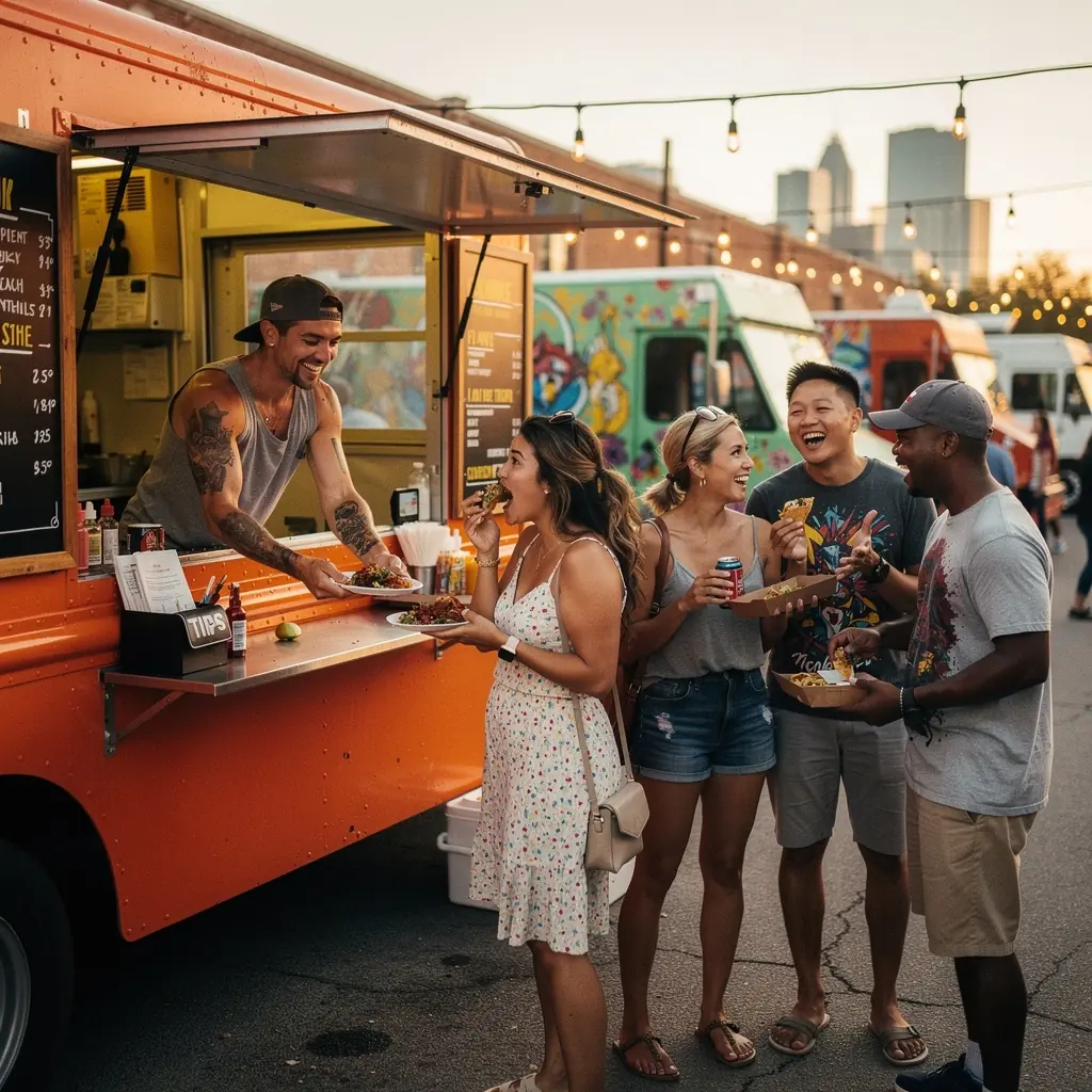 Turyści rozmawiający z producentem żywności na lokalnym festiwalu kulinarnym.